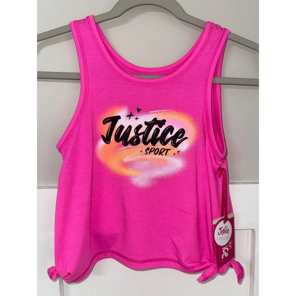Justice Sport Girls Neon Pink Graphic Tank Top Side Tie Hem Size S 7/8 NWT